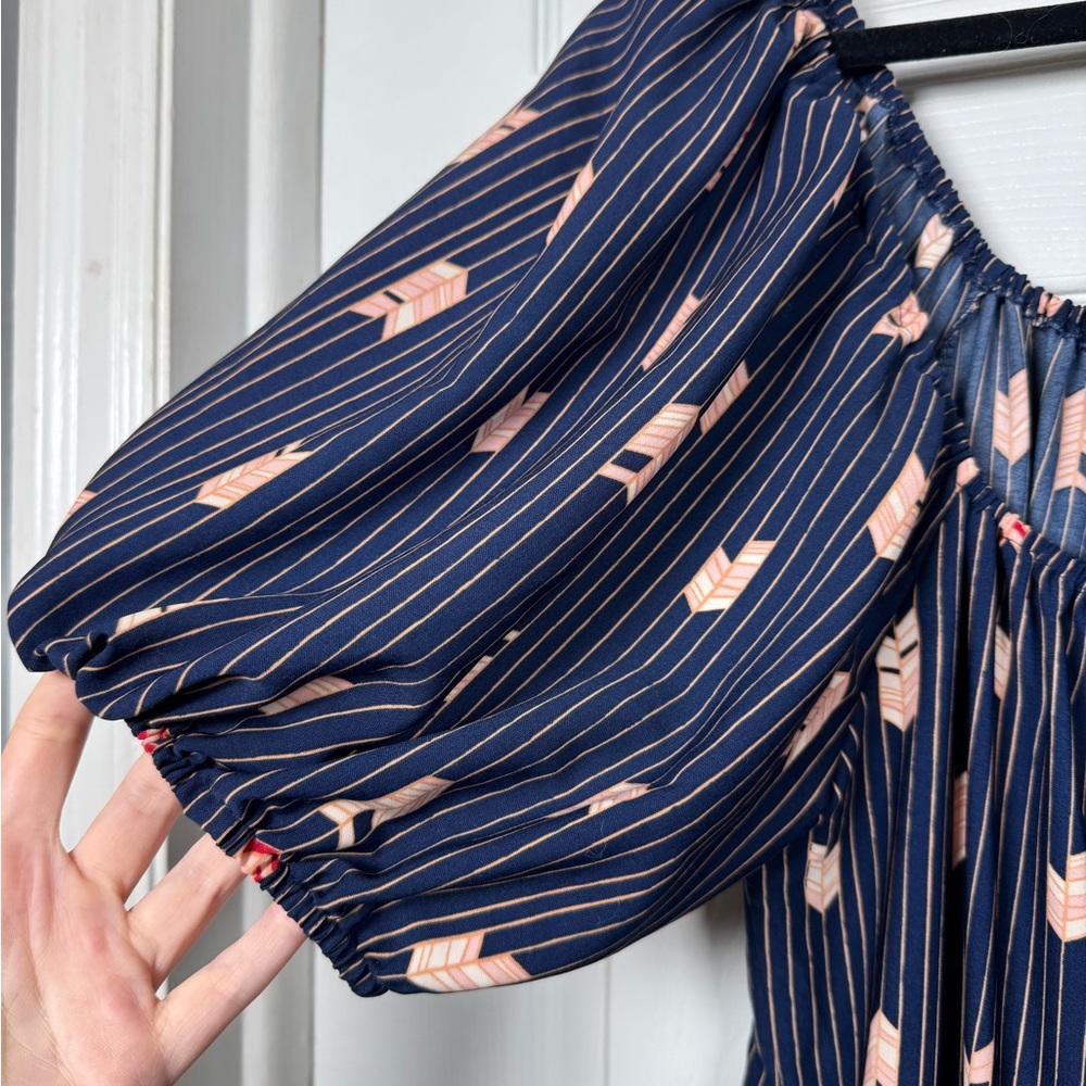 Boho Navy Maxi Dress Puff Sleeve Off Shoulder Cottagecore Large - Picture 2 of 7